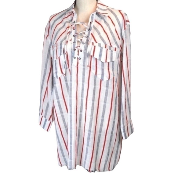 UMGEE Lace-Up Lightweight Gauzey Cotton Striped Tunic/Cover-Up, Medium NEW - Picture 1 of 8